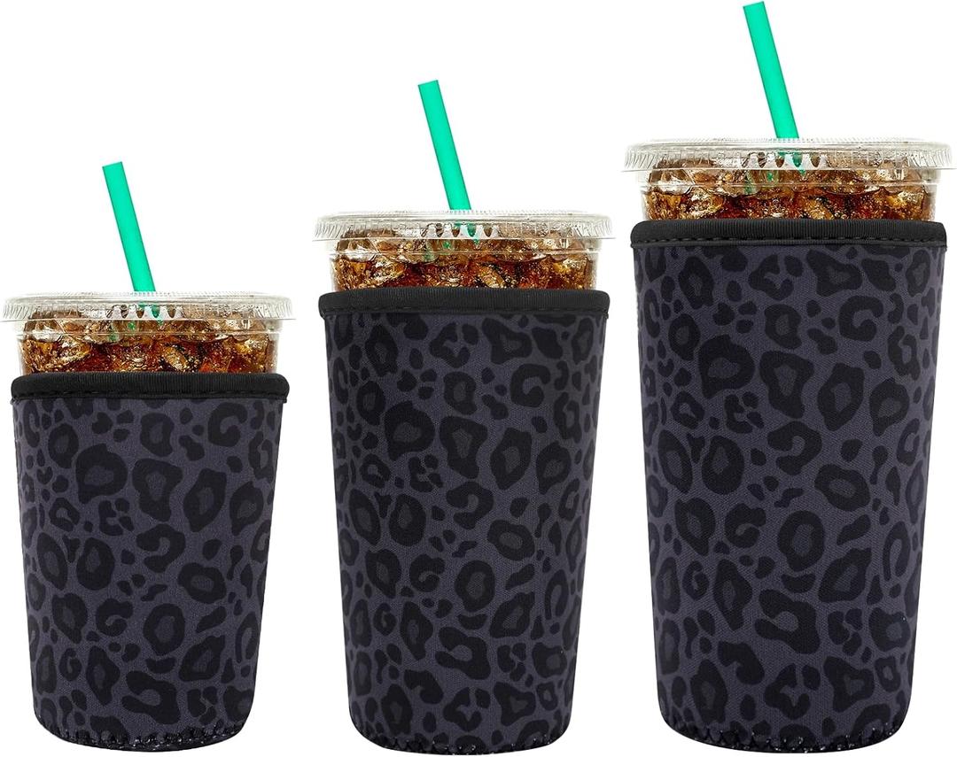 YR Reusable Neoprene Insulator Sleeve for Iced Coffee Cups, 3 Pack Coffee Coolies sleeves for Iced & Hot Drinks, Cold Beverage Cooler Compatible with Starbucks Coffee and More (Black Leopard Print)