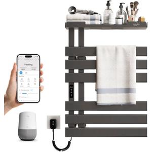 Smart Heated Towel Rack with Shelf, Electric Towel Warmer Rack Voice Control, WiFi Heated Towel Rack Wall Mounted, Towel Warming Rack with Led Timer,115-155,Flat Widen 6 Bar, Gray