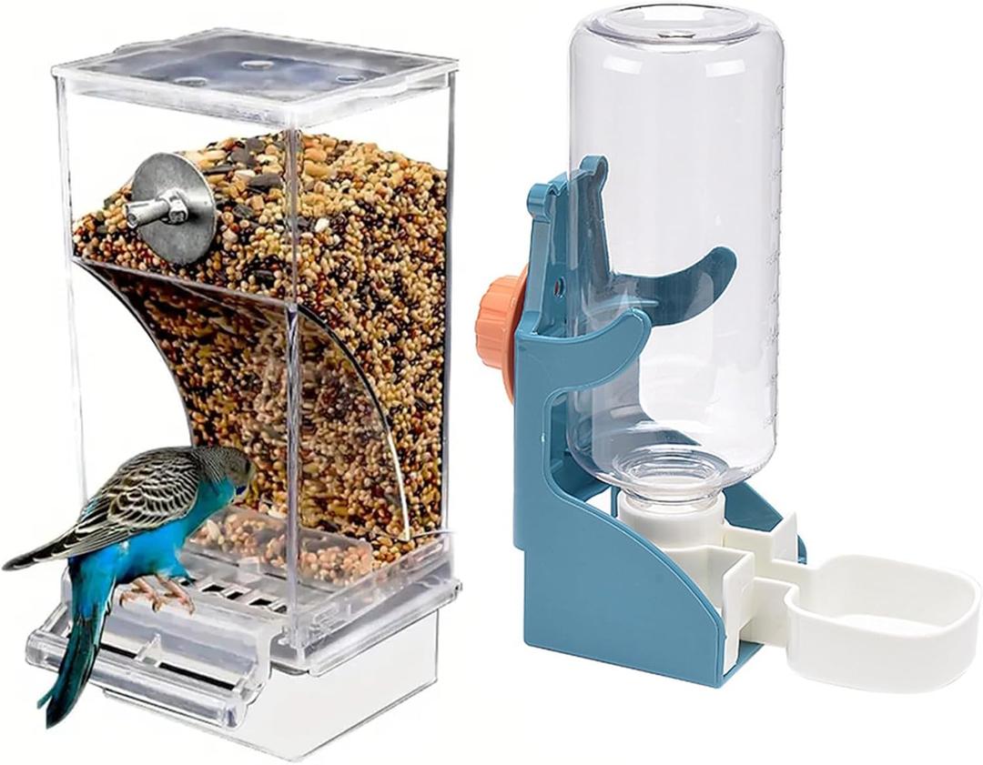 NIENIE No Mess Bird Feeder Water Dispenser Set, Automatic Transparent Parrot Feeder Acrylic Parrot Food Container Drinker, Blue (Pack of 2) NIENIE No Mess Bird Feeder Water Dispenser Set, Automatic Transparent Parrot Feeder Acrylic Parrot Food Container Drinker, Blue (Pack of 2)