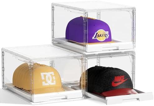 2Pack Hat Organizer for Baseball Caps Storage Organizer with Sliding Trays, Stackable Hat Boxes Holder Rack with Drawer, Clear Display Case for Hats Snapback Cap, Hold 12 Hats Each