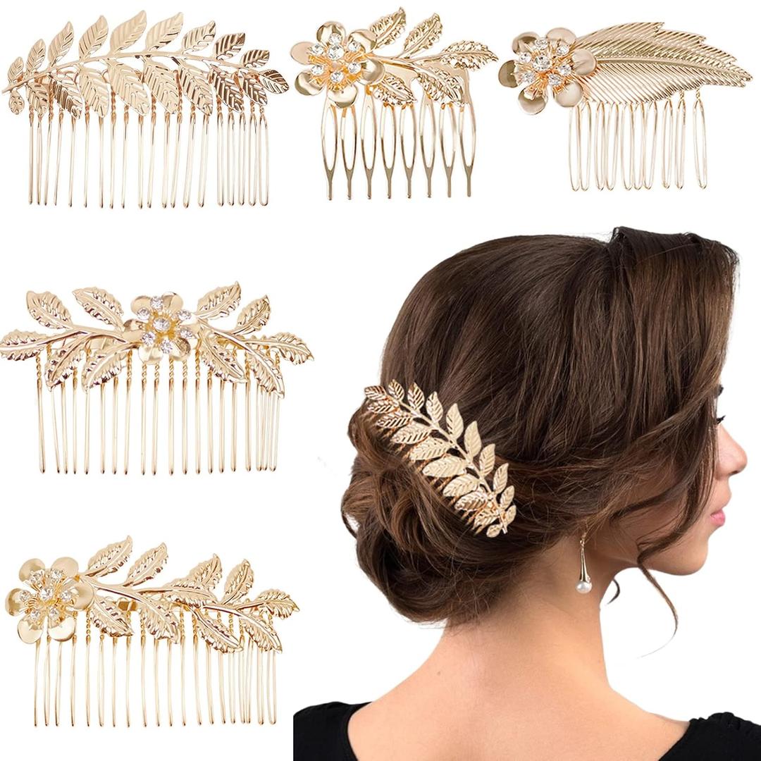 5 PCS Leaf Hair Side Combs Gold Rhinestone Hair Comb Clips with Teeth Wedding Headpiece Hair Accessories for Women, Girls, Bride, Bridesmaid(5 Different Size)