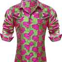 Barry.Wang Pink Mens Silk Shirt Floral Paisley Shirts for Men Victorian Gothic Designer Disco Western Casual Mexico Cowboy (S)