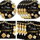 40PCS Retirement Decorations For Men Happy Retirement Decorations Plates Napkins Tableware Set Black and Golden Disposable Dinnerware Table Decoration Favors for Women Men