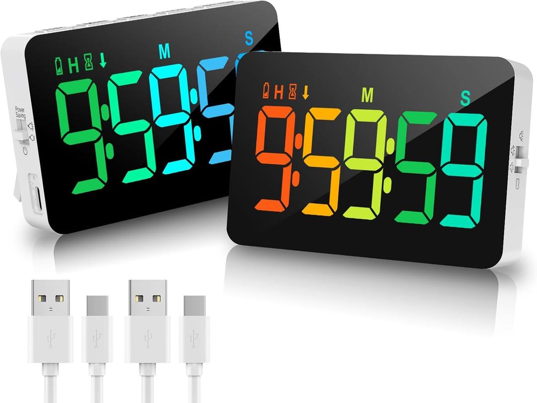 (2 Packs) Rechargeable TimersDigital Kitchen Timer with 10 Dynamic RGB Color, Magnetic Classroom Timer with Countdown/up with 5LED Display 3 Brightness 4 Volume Adjustable