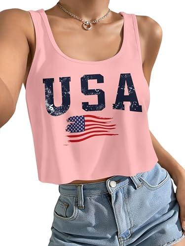 KevaMolly Women's Sexy 4th of July Crop Tank Shirts American Flag Patriotic Summer Sleeveless Graphic Tops for Teen Girls L