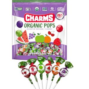 Charms Organic Pops (265 Count) USDA Organic Fruit Candy Lollipops Made with All Natural Flavors and Ingredients Dye-Free, Gluten- Free, Non-GMO, 3 lb Resealable Bag