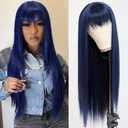 QD-Tizer Dark Blue Synthetic Hair Wigs with Full Bangs Blue Long Straight Women's Wig Heat Resistant Synthetic No Lace Wigs for Fashion Women 24 inch