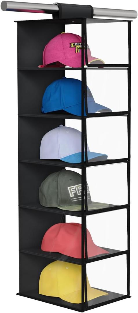 KEEGH Hat Rack with Dust Cover All-round Protect 6 Shelf Hat Storage Hat Organizer for Baseball Caps, Visible Baseball Cap Organizer Hat Holder for Closet, Clear/Black