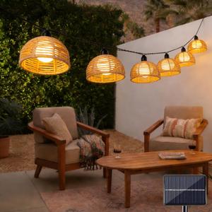 TWINKVILLA Solar Rattan String Lights Outdoor, 16FT 16 LED Half-Globe Hemisphere Wicker Lanterns, IP65 Waterproof Solar Powered Patio Lights, Boho Decorative Hanging Lighting for Garden Porch Wedding