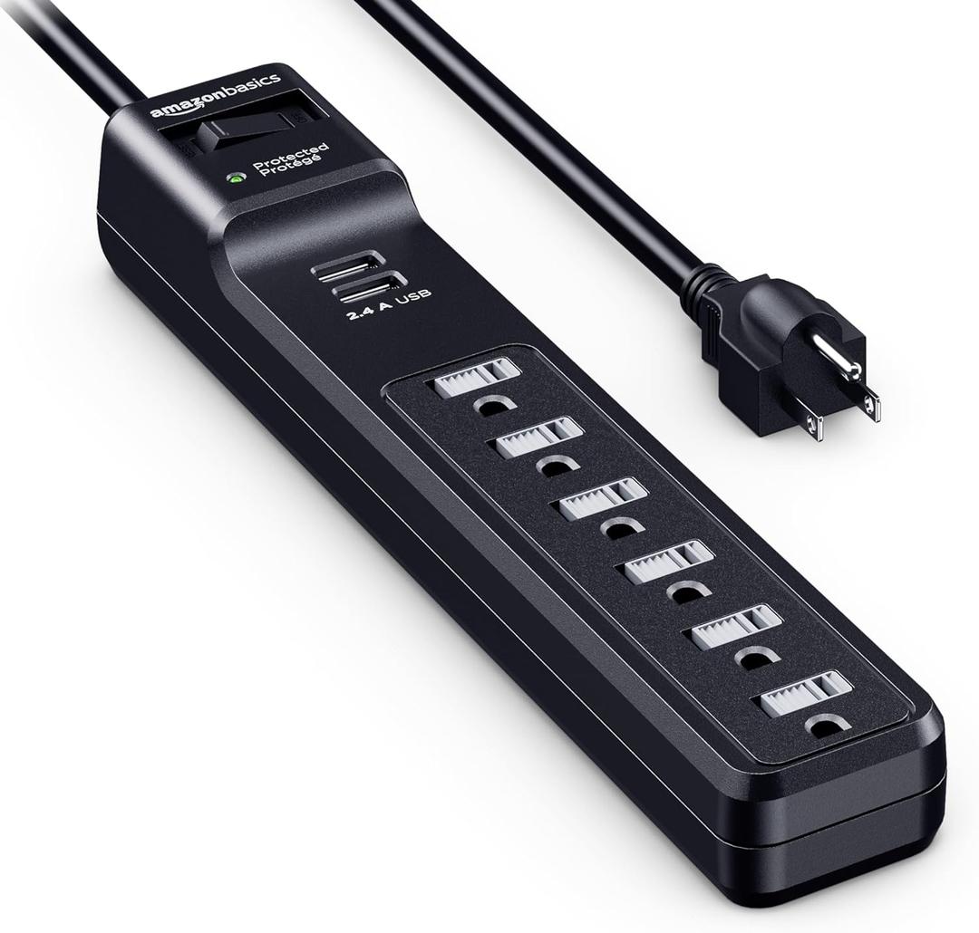 Amazon Basics Surge Protector Power Strip with 2 USB Ports, 6 Outlet Extension Cord, 1000 Joule, Rectangle, 6 ft Cord Length, Black
