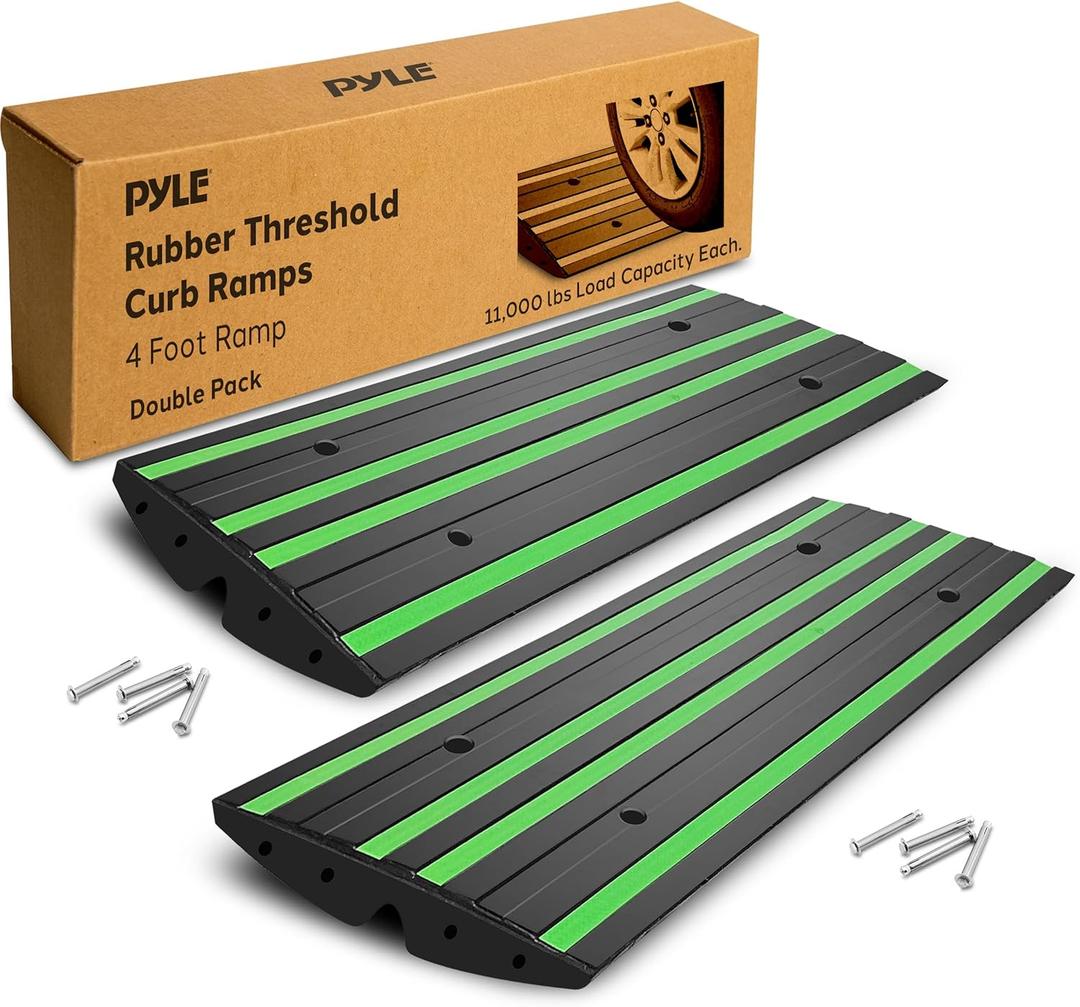 Pyle 8 ft. Rubber Curb Ramp Set, Pack of 2 Heavy Duty Non-Slip Threshold Ramps for Driveways, Garages, Sidewalks, Wheelchairs and Vehicle Access, Green Reflective Strips, 48.0x 16.0 x 2.6 Inch