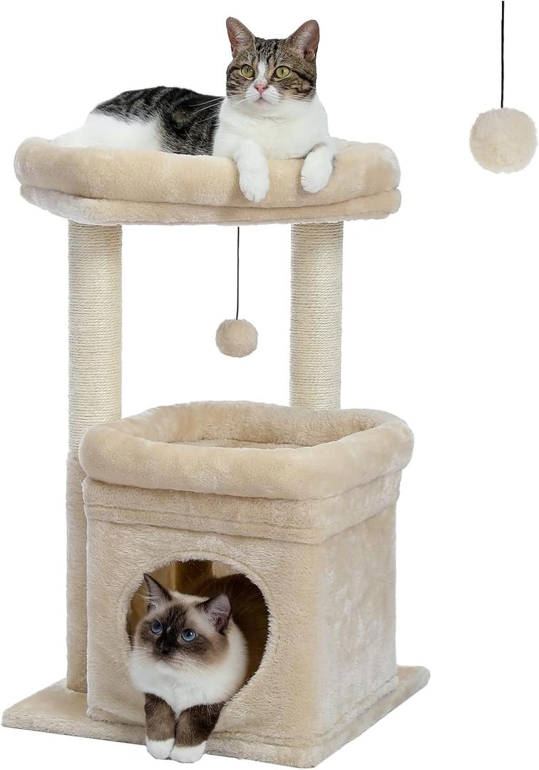 PEQULTI Cat Tree Cat Tower for Indoor Cats with Private Cozy Cat Condo, Natural Sisal Scratching Posts and Plush Pompom for Small Cats,Beige, Might Be Missing Screws