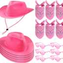 Newcotte 18 Pcs Western Cowboy Hat Set Include 6 Felt Cowgirl Hats 6 Paisley Bandanas 6 Pairs Heart Glasses for Party Costume