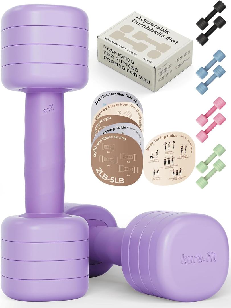 kure.fit Adjustable Dumbbell Set｜2LB 3LB 4LB 5LB Light Hand Weights for Women｜One-Twist Weight Adjustment｜Non-Slip Curved Grip Handle｜Free Weights for Home Gym, Rehab, Pilates, Yoga, Strength Training