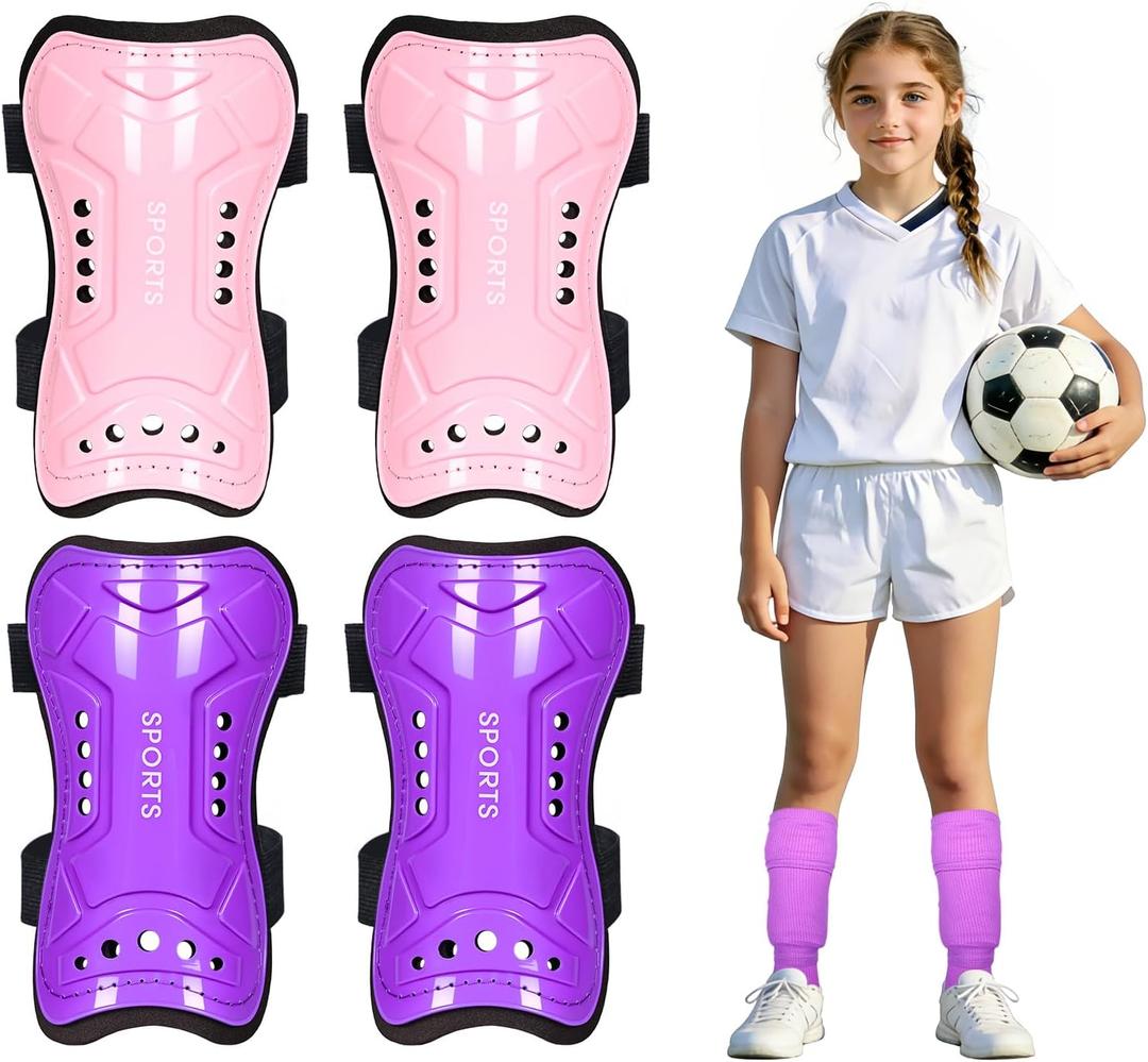 Kids Soccer Shin Guards 2 Pairs Youth Soccer Gear with Straps Protective Shin Pads for Boys and Girls Toddler Soccer Equipment (Small, Dust Pink+Purple)