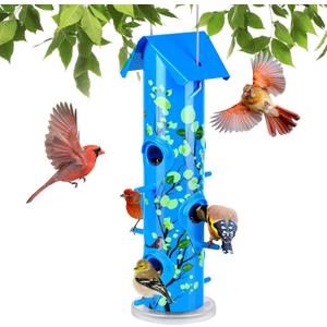 Kingsyard Metal Bird Feeders for Outdoors Hanging, 6-Ports Tube Bird Feeder, 14 inch, Durable & Weatherproof, Large Capacity for Attracting Wild Birds (Blue)