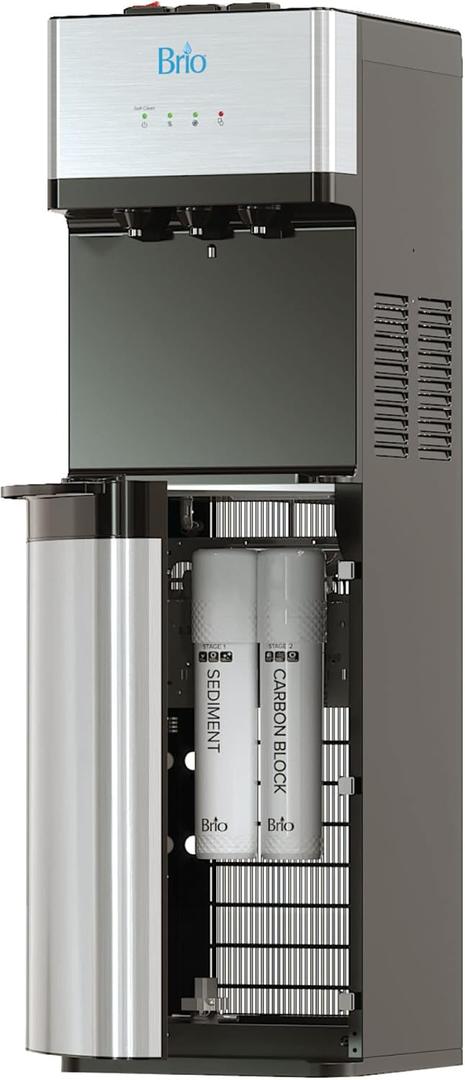 Brio 520 Bottleless Water Cooler Dispenser with 2 Stage Filtration - Self Cleaning, Hot Cold and Room Temperature Water. 2 Free Extra Replacement Filters Included - UL Approved (Silver)
