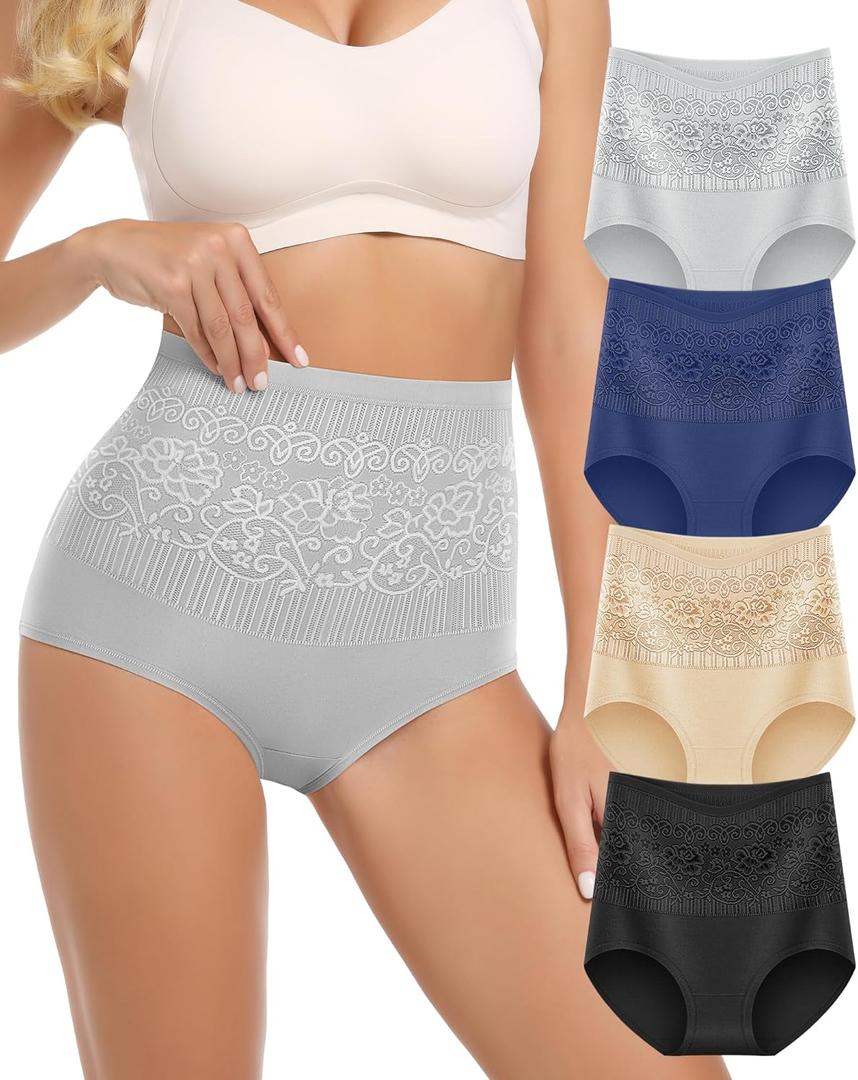 MEIYATING Women's Cotton Underwear Super Stretchy High Waisted Postpartum Tummy Control Ladies Panties Briefs 4 Packs (Medium, Black, Nude, Blue, Grey)