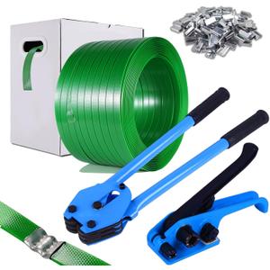 Banding Strapping Kit, Pallet Strapping Kit, Packaging Banding Tool with 5/8" Width, 1000' Length Polyester Strapping Coil Roll and Dispenser Box  Heavy Duty Certified 1200 lbs Break