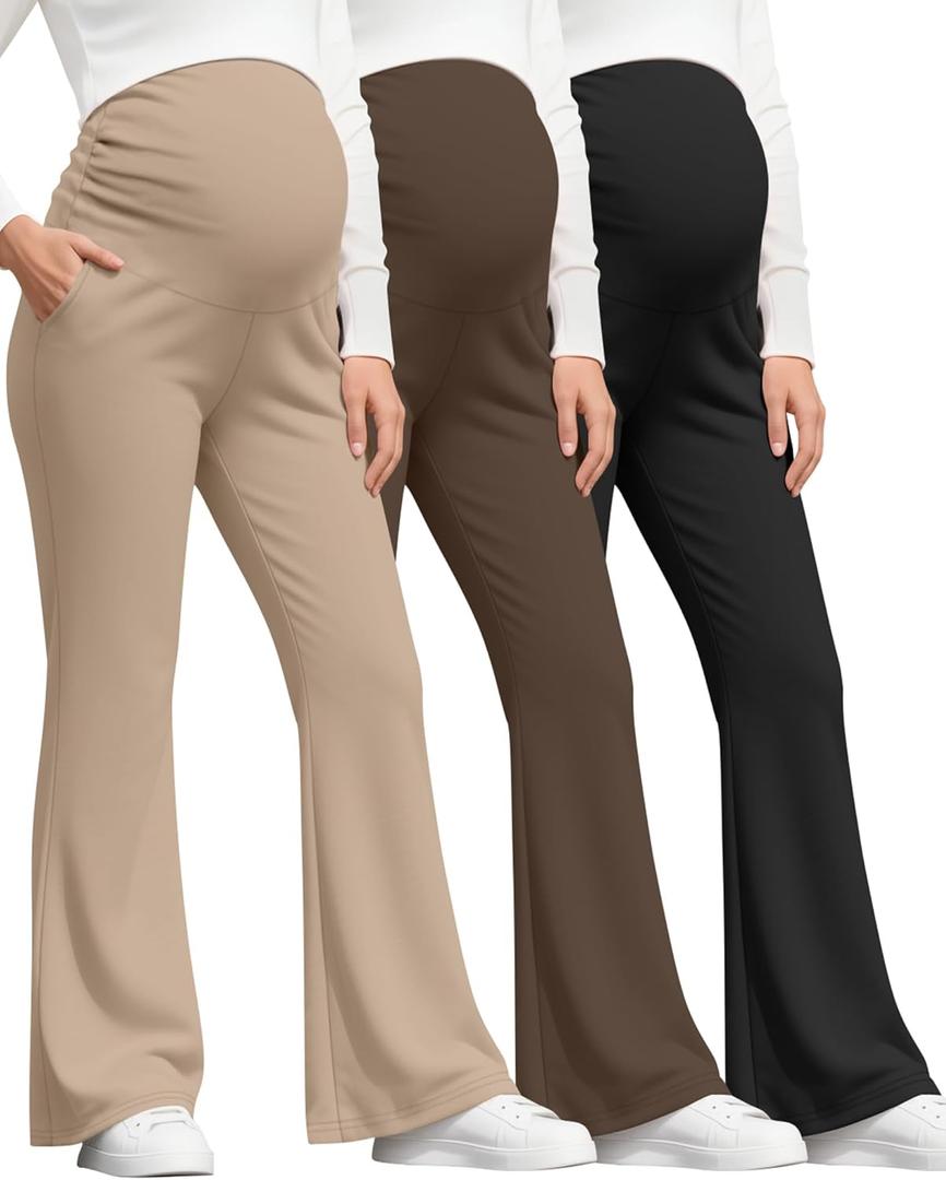 3 Pack Women's Maternity Pants Over The Belly Pregnancy Pants Comfy Bootcut Pregnant Sweatpants with Pockets (Large, Black, Brown, Khaki)