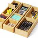6PCS Desk Drawer Organizer Tray with 12 Compartments Bamboo Office Storage Boxes Set for Junk Drawer Supplies, Utensils, Cosmetics, Jewelry and More