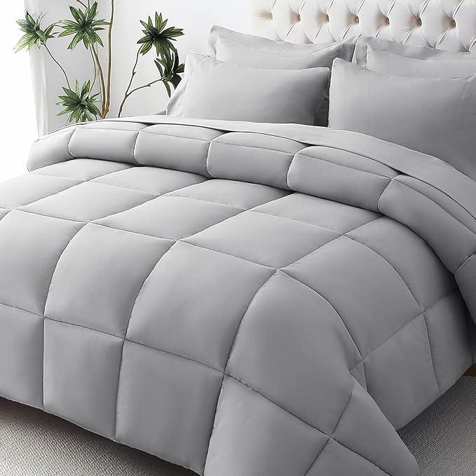 5 PC Bedding Set Queen Size Silver Goose Down Comforter Set 100% Cotton 500 GSM Fill, 800 Thread Count All Season Bed-in-A-Bag Box Stitched Comforter & Sheet Set Fit Upto 18" Deep Pocket