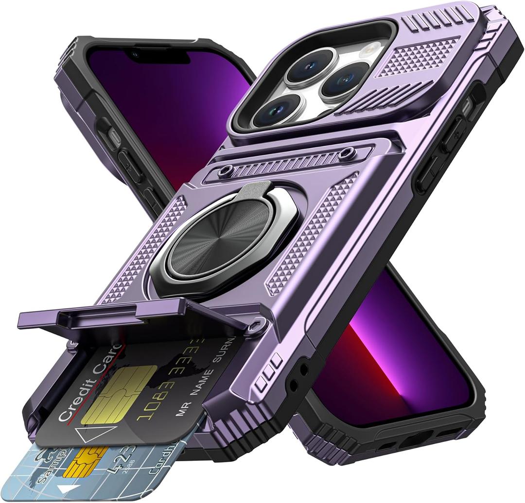 Vofolen for iPhone 13 Pro Max Case Wallet with Card Holder [Store 2 Cards] + 360 Magnetic Ring Stand Dual Layer Heavy Duty Shockproof Wallet Phone Case for iPhone 13 Pro Max for Women Men, Purple