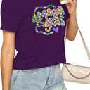 Mardi Gras Shirts for Women: Fat Tuesday Shirt Funny Mask Graphic Tee Carnival Short Sleeve Shirt New Orleans Party Top (Small, Purple-47)