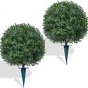 Yangrass 2Pcs Artificial Boxwood Topiary Ball Tree, UV Resistant Artificial Outdoor Shrubs with Spike, Decorative Evergreen Fake Topiary Bushes Plant for Front Porch Garden