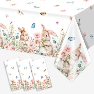 Vanulus 3Pcs Spring Easter Bunny Party Tablecloth Cute Rabbits Pink Floral Disposable Plastic Table Cover Rectangle Table Cloth for Spring Farmhouse Picnic Dinner Table 54x108Inch
