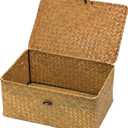 Wicker Storage Basket with Lid, Natural Seagrass Woven Shelf Basket for Storage, Rectangular Decorative Storage Bins Boxes Home Organizer Decor (Natural, Medium)