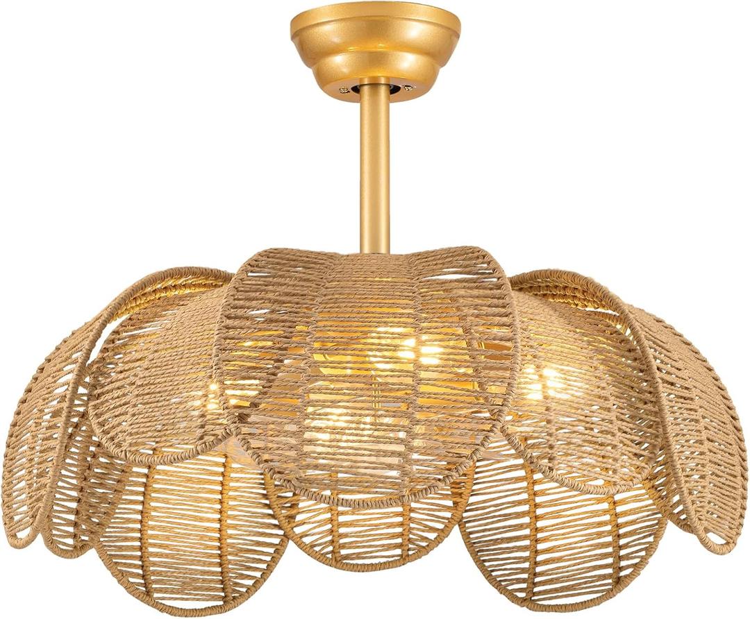 Boho Rattan Ceiling Fans with Lights and Remote,Gold Flower Bladeless Fandelier for Dining Room,Bedroom,Kitchen,Nursery(26 Inch,6 Speeds,Timing,Adjustable Height)