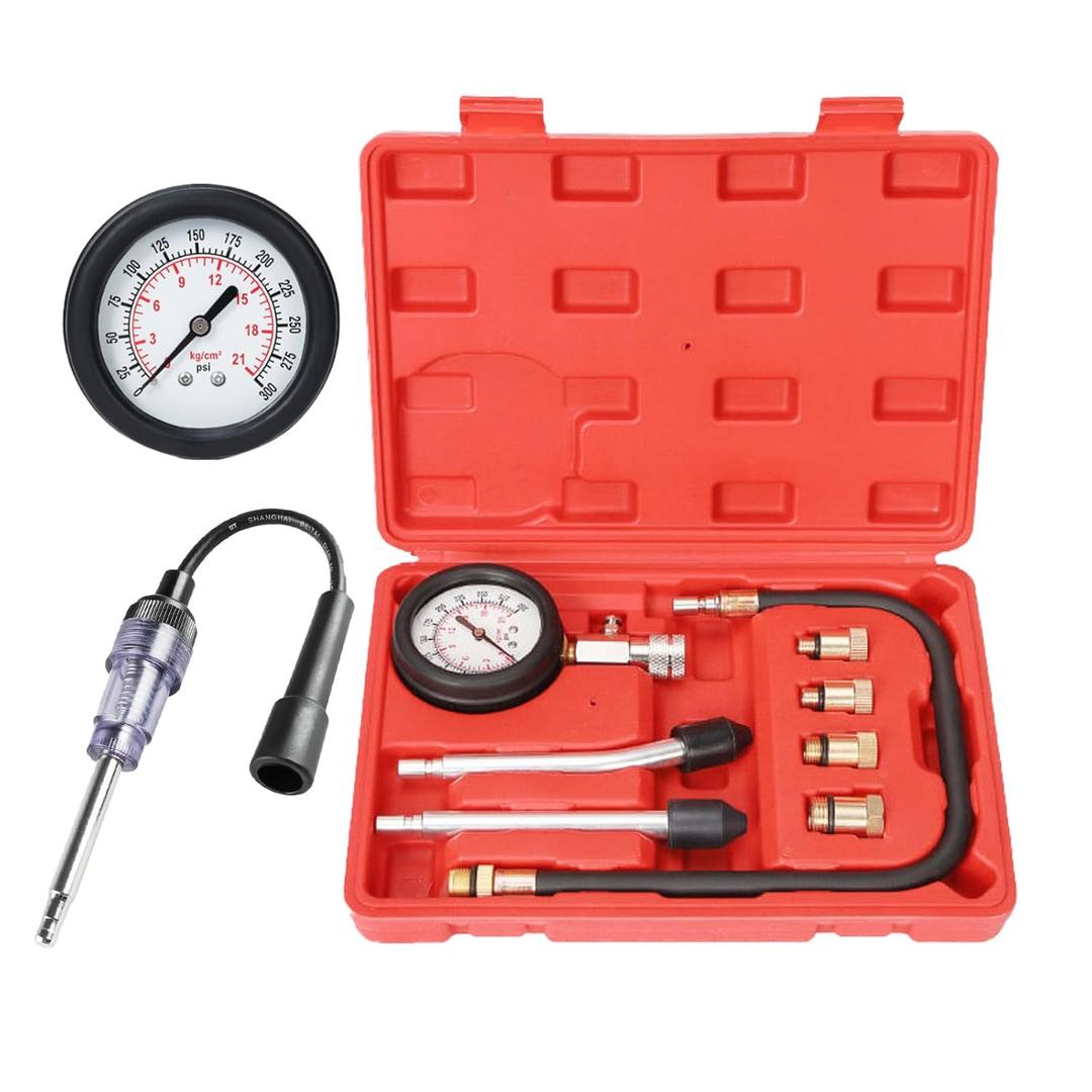 Automotive Compression Tester Kit with Spark Plug Tester,Compression Tester Petrol 0-20 Bar & 0-300 psi, Car Compression Tester for Engine Compression Test Measure Car M10 M12 M14 M18