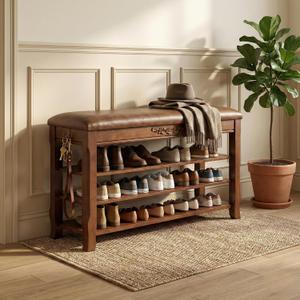 Shoe Rack Bench Entryway Storage with Leather Cushion, 39.4", Walnut