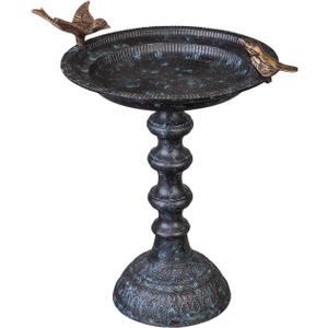 Evergreen Hummingbird Metal Bird Bath Bowl with Stand - Heavy Duty, Ground Standing Bird Bath and Feeder for Garden, Yard, Deck (20"H Brass Bird)
