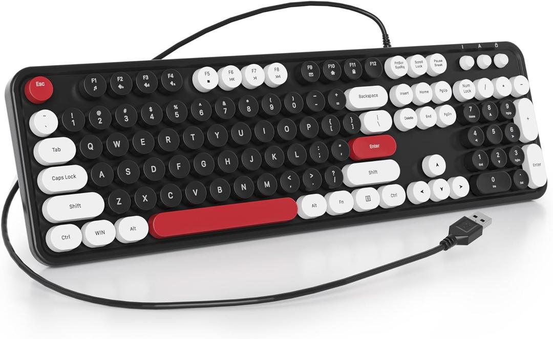 Wired Typewriter Keyboard Full Size USB Keyboard Retro Computer Keyboard with Round Keycaps for Windows Laptop(Black)