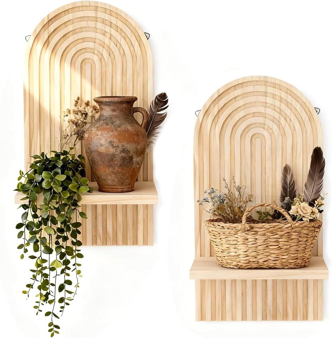 2 Pack Boho Wall Shelf Decor, Decorative Wooden Shelves Wall-Mounted Storage Organizer for Bedroom, Kitchen, Bathroom, Living Room, Easy to Install (Natural)