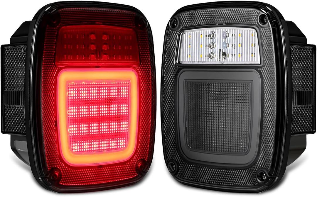 Partsam 2Pcs LED Tail Lights Assembly Rear Combination Stop Turn Tail Halo Glow, with Reverse Marker License Light for Wrangler TJ YJ CJ F-Series Flatbed Trucks Universal Trailer Taillights