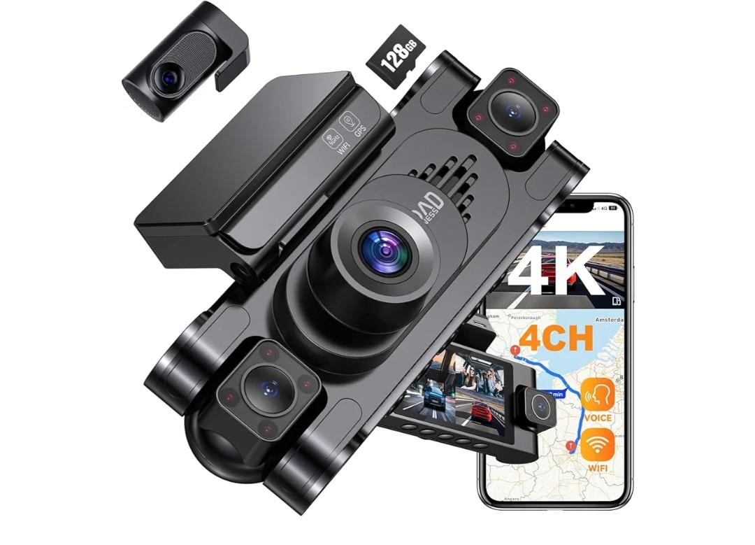 4K 360° Dash Cam for Cars, 4 Channel Front Rear Inside with 128GB Card, Super Night Vision, Fastest 5.8GHz WiFi GPS, Voice Control, 24/7 Parking Mode, Loop Recording Ideal for Uber & Lyft
