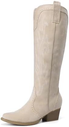 DREAM PAIRS Womens Cowboy Knee High Boots Comfortable Pull On Side Zipper Chunky Heel Embroidered Western Cowgirl Boots Retro Tall Boot 8