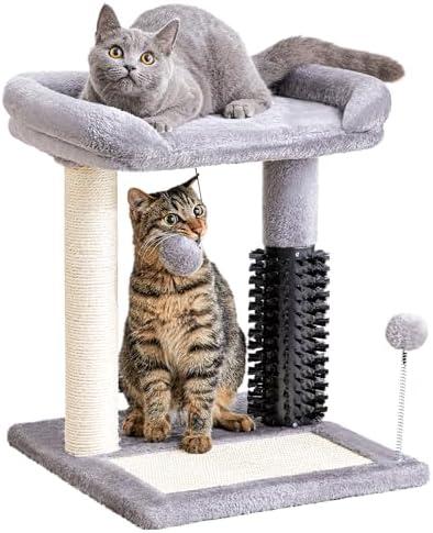 Made4Pets Small Cat Tree Tower, Cat Scratching Post 4-in-1 with Self Groomer Brush, 20" Tall Natural Sisal Cat Scratcher, Plush Perch Bed with Dangling Ball for Indoor Kittens, Grey