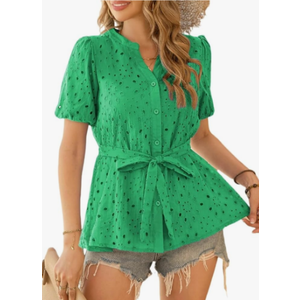 CiCiBird Women Dressy Button Blouses Puff Short Sleeve Tops Elegant Peplum Tie Front Shirt Eyelet Lace Embroidered Top. Size M