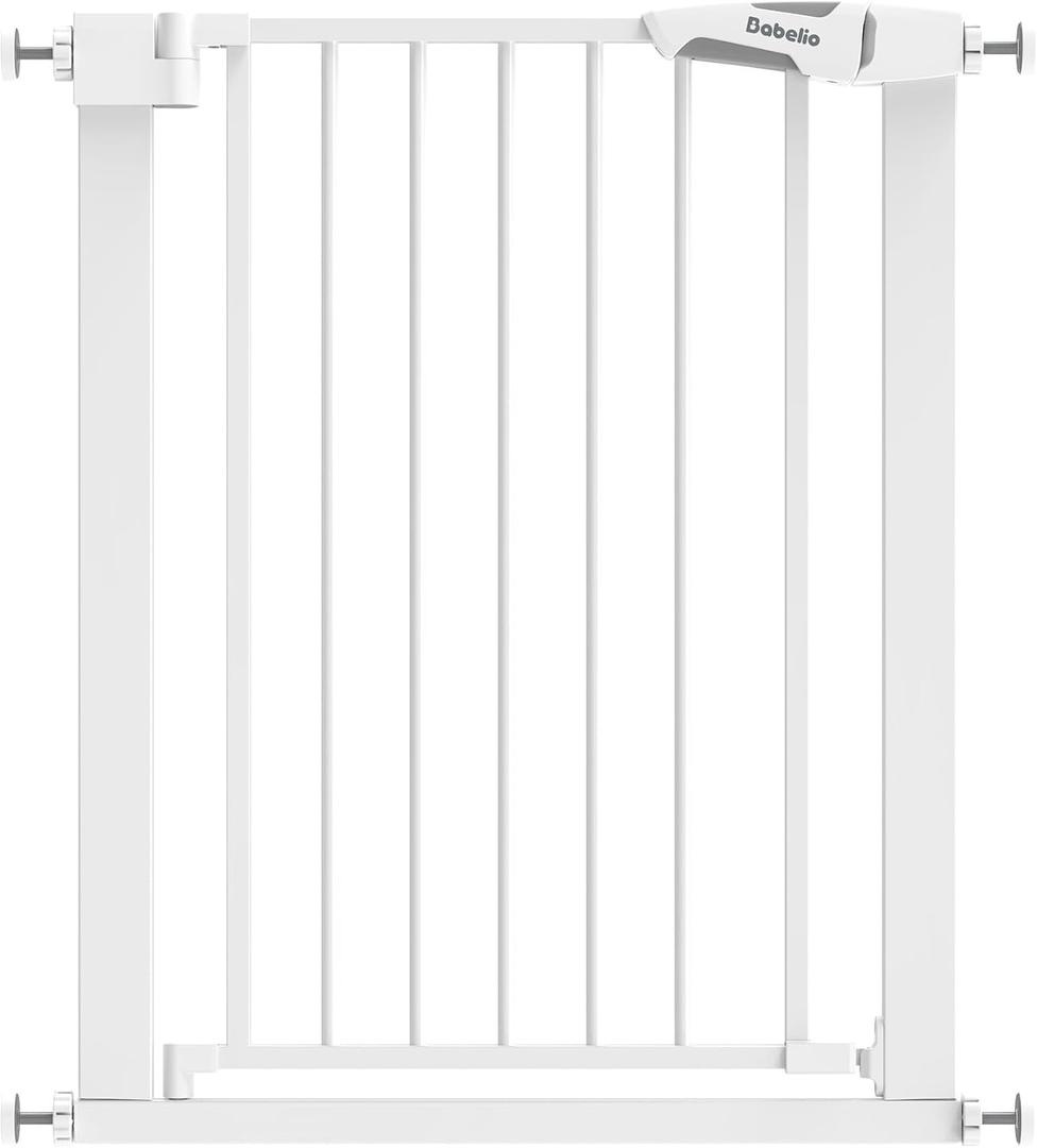 BABELIO 26-28.5 Inch Narrow Easy Install Baby Gate, 30 Inch Tall Auto-Close Metal Pet Gate for Small Stairs and Doorways, NO Drilling Pressure Mounted, NO Extensions, White