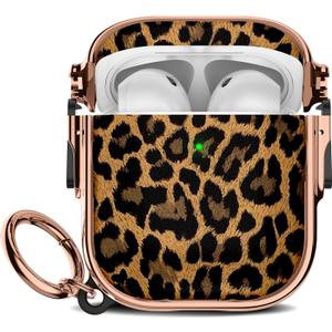 Maxjoy for Cute AirPods Case (2019) with Safety Lock,Compatible Leopard Print AirPod 2nd Generation Case for Women Girly with Keychain-Gold