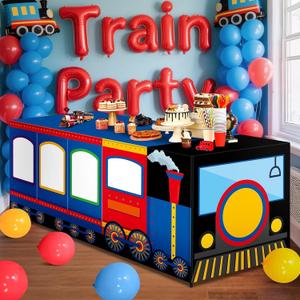 6 Ft Train Tablecloths Birthday Party Decorations Railroad Table Cover Washable Fabric Polyester Supplies Vehicles Rectangle Table Covers Protector for Transportation Birthday Party Decorations