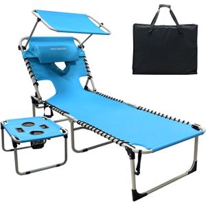 Outdoor Tanning Chair with Sun Canopy Shade & Face Hole, Folding Lounge Chair with Beach Table and Carry Bag for Poolside Sunbathing Lawn, 74.8"*23.23"