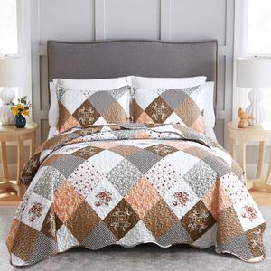 Dinjoy Floral Plaid Patchwork Quilt Set Queen Size, Reversible Brown Bedding Set Soft Microfiber Lightweight Bedspread Coverlet 3 Piece Fall Autumn Summer Use (90x90 inches)