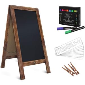 A Frame Chalkboard with Chalk Markers by HBCY Creations: 40x20 Solid Wood A-Frame Sign Gray Double-Sided Magentic Menu Board, Deluxe Set Includes 8 Chalk Markers, 10 Stencils, 2 Magnets (1- Torched Brown)