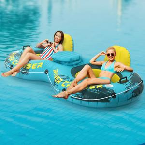 2025 Upgrade River Tube Floats for Adults Heavy Duty Pool Floats Inflatable Water Tube with Cup Holeder, Drink Cooler and Mesh Bottom Backrest (2 Pack Single/Double) (Green Yellow)