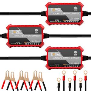 [3-Pack] 1000mA Car Battery Charger, FOVAL 12V Fully Automotive Battery Charger Maintainer, Trickle Charger, Float Charger and Desulfator for Motorcycle, ATV Car Lawn Mower and Lead Acid Batteries